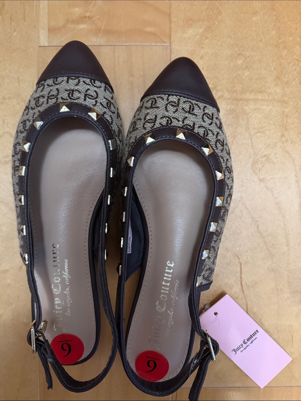 Juicy Couture Brown Logo Pointed-Toe Studded Slingback Flats